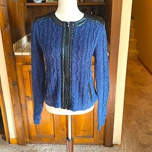 Romeo and Juliet Couture Blue Cable Knit Zip Sweater with Faux Leather Accents